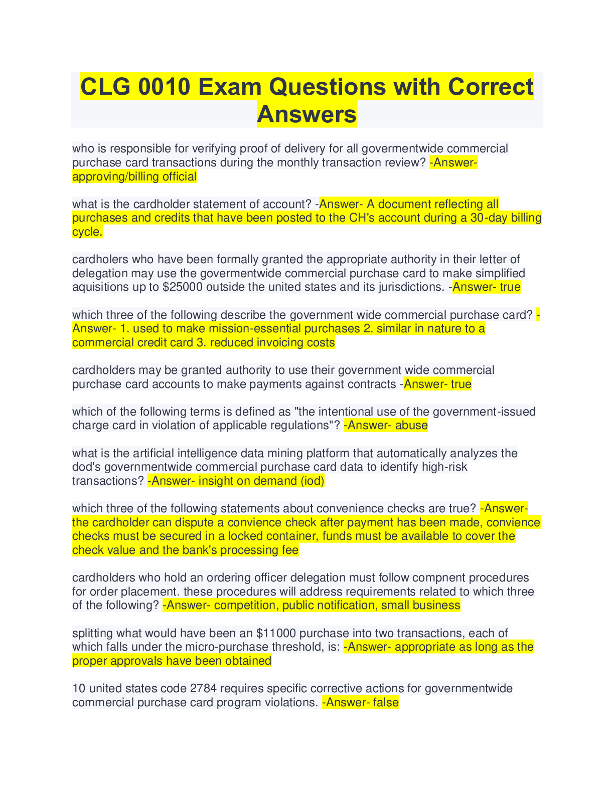 Preview image for CLG 0010 Exam Questions with Correct Answers